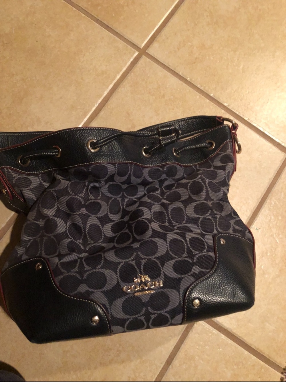 Coach Navy and Black Signature Canvas Drawstring Shoulder Bag